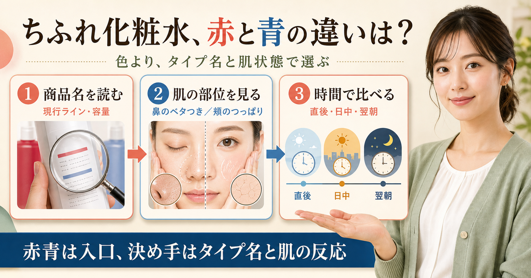 ちふれ化粧水の赤と青を、タイプ名と肌の反応で選ぶためのアイキャッチ