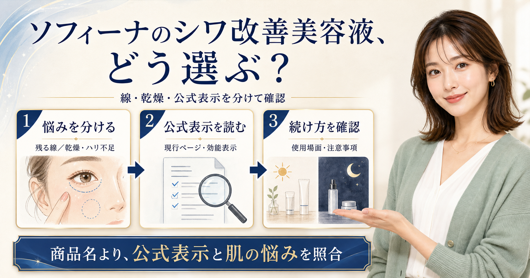 ソフィーナのシワ改善美容液を選ぶため、肌の悩みと公式表示を3段階で確認するアイキャッチ
