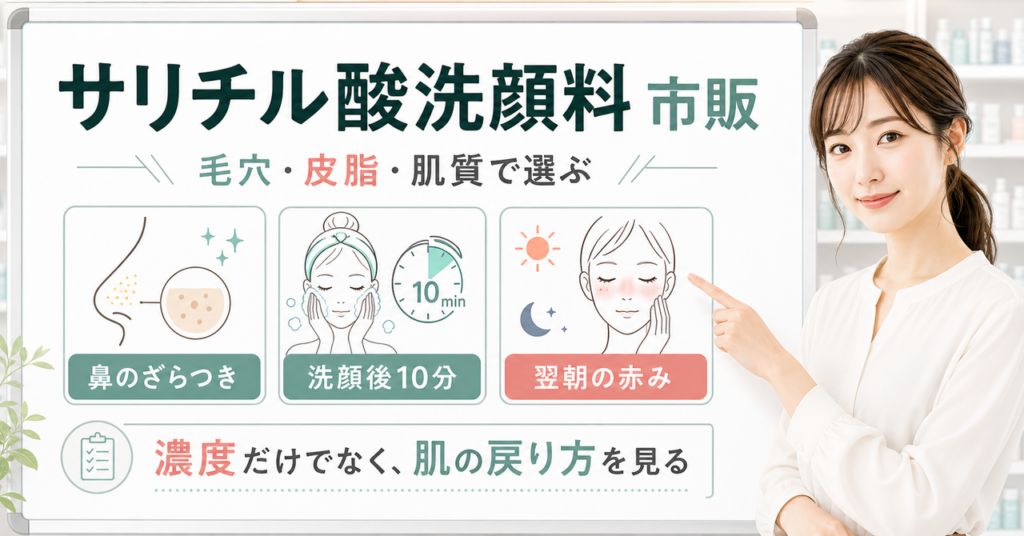 サリチル酸洗顔料の市販品の選び方を鼻のざらつき、洗顔後10分、翌朝の赤みで整理した図解