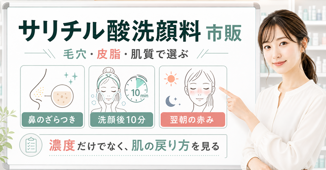 サリチル酸洗顔料の市販品の選び方を鼻のざらつき、洗顔後10分、翌朝の赤みで整理した図解