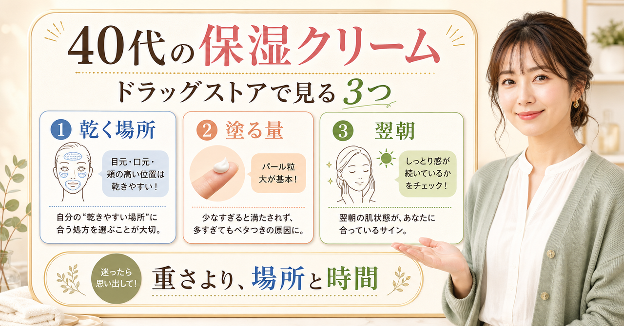 40代の保湿クリームはどう選ぶ?ドラッグストアで見る場所・量・翌朝の変化 Beauty Board