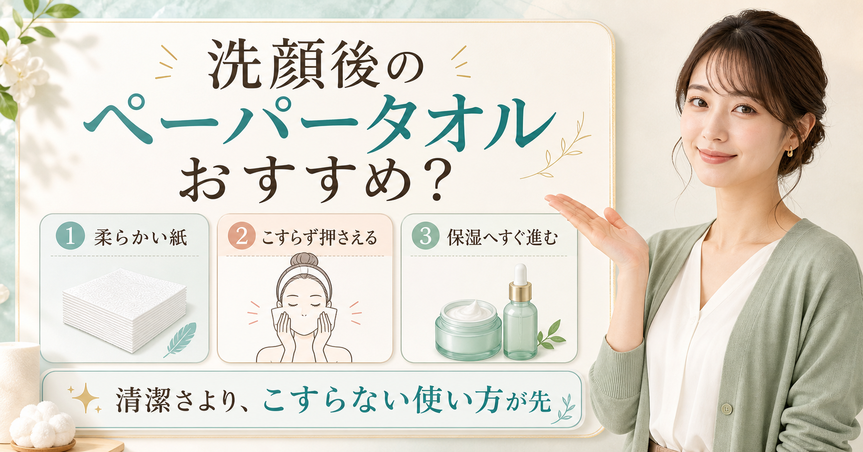 洗顔後にペーパータオルを使うと乾燥する？肌をこすらず水分を取る方法を示すアイキャッチ