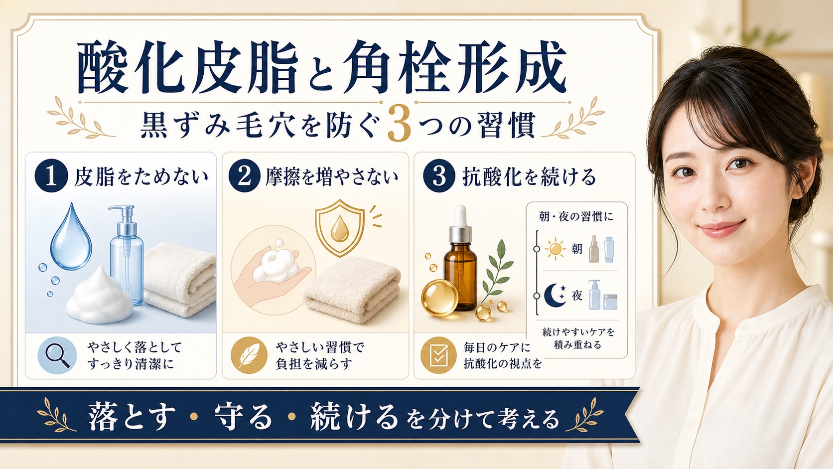 酸化皮脂と角栓形成を防ぐ習慣を3つの視点で整理するアイキャッチ