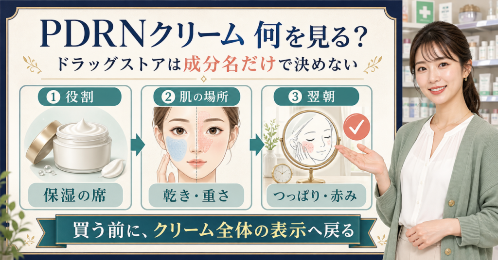 PDRNクリームはドラッグストアで買える？選ぶ前に確認したい表示と肌の見方を示すアイキャッチ