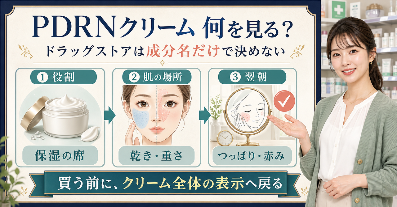 PDRNクリームはドラッグストアで買える？選ぶ前に確認したい表示と肌の見方を示すアイキャッチ