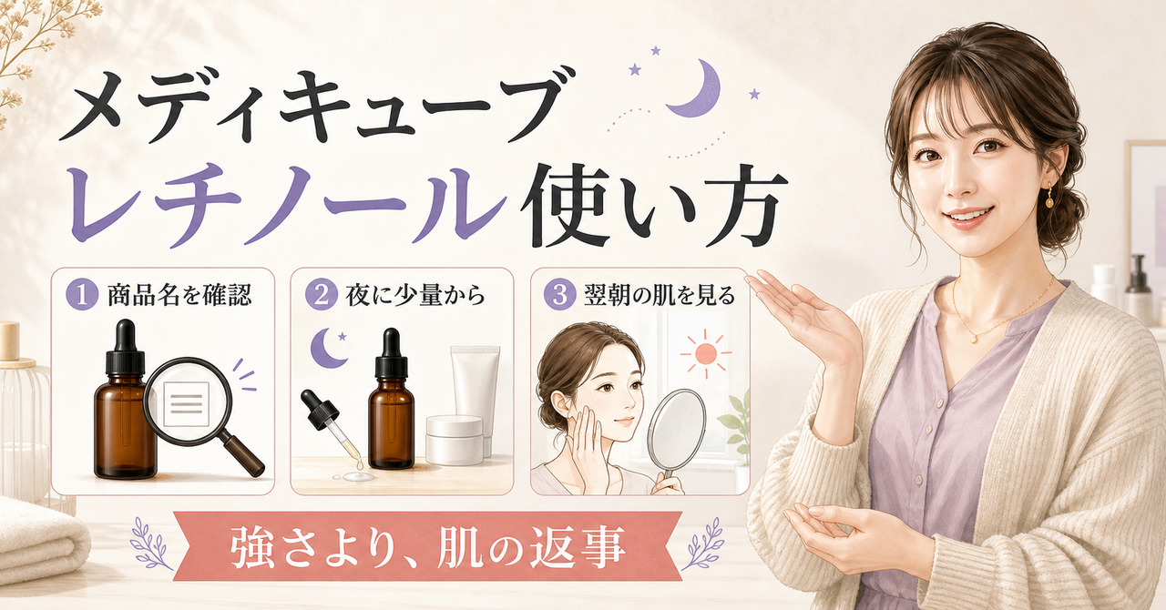 メディキューブのレチノールは毎日使える?初心者の頻度と順番の判断ポイントを示すアイキャッチ