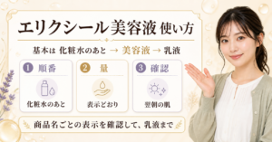 エリクシール美容液の使い方｜順番と朝夜の使い分けの判断ポイントを示すアイキャッチ