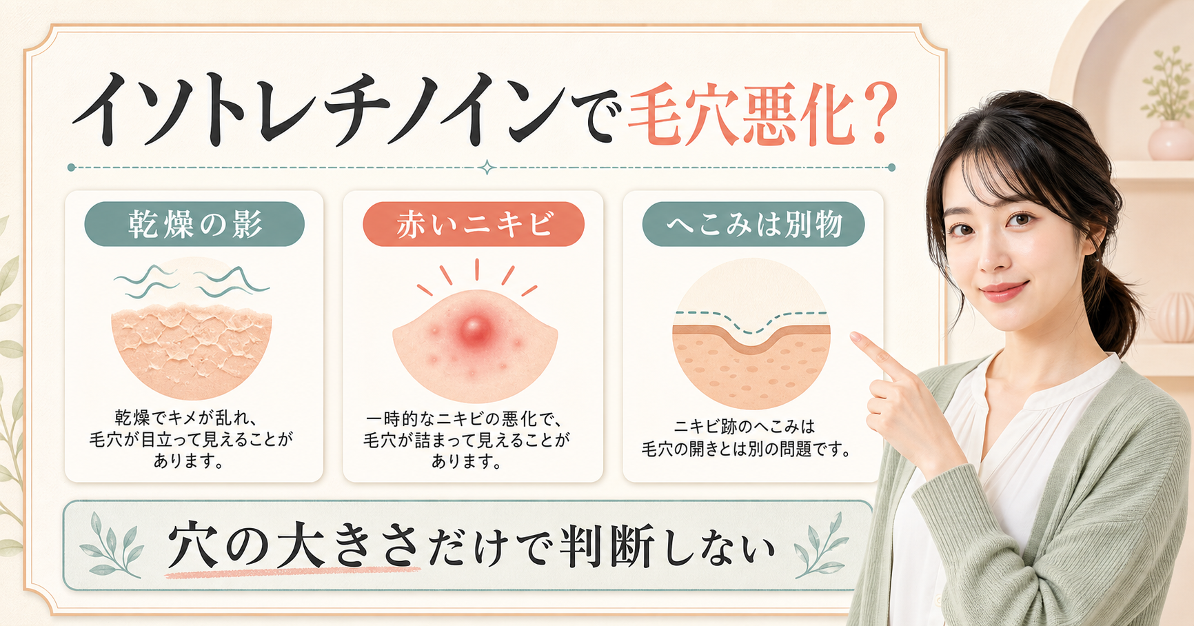 イソトレチノインで毛穴が悪化したように見えるときの確認点の判断ポイントを示すアイキャッチ