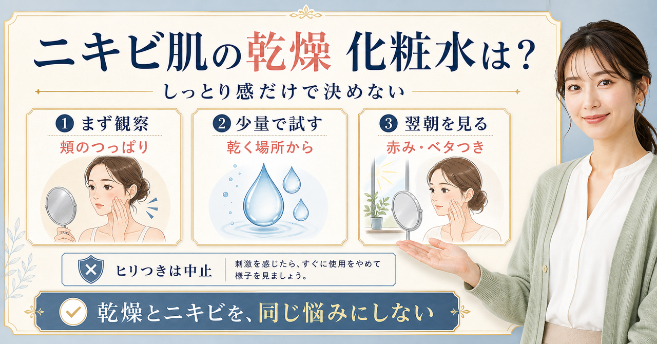 ニキビ肌で乾燥する人の化粧水選び｜保湿と刺激の見分け方の判断ポイントを示すアイキャッチ