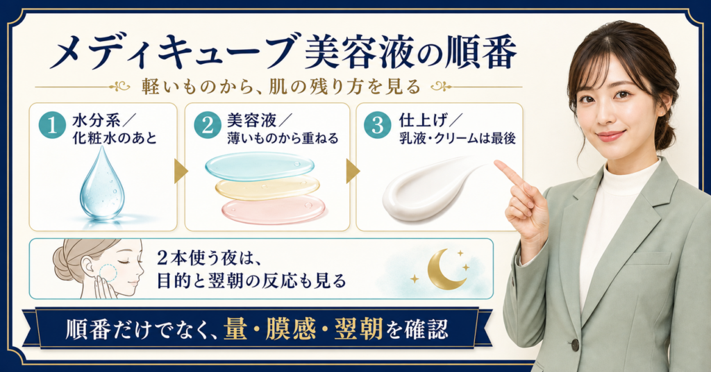 メディキューブ美容液の順番｜複数使うときの組み立て方の判断ポイントを示すアイキャッチ