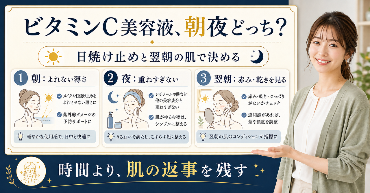 ビタミンC美容液を朝と夜どちらに使うか判断するアイキャッチ