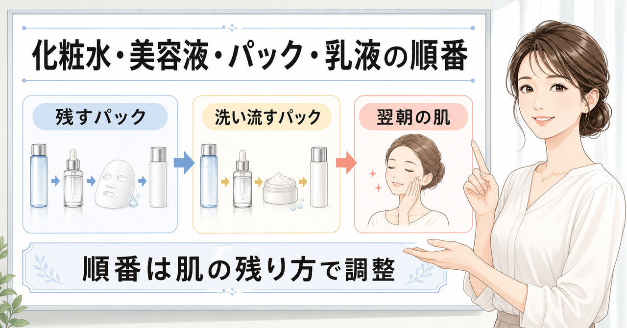 化粧水、美容液、パック、乳液の順番