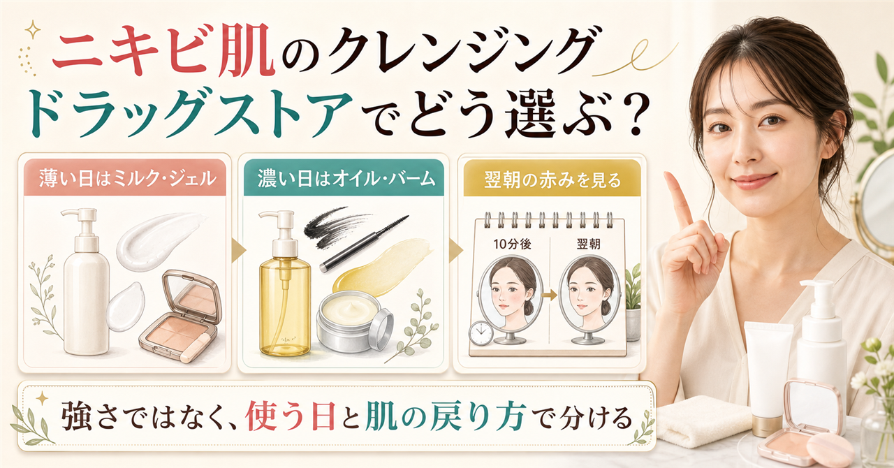 ニキビ肌がドラッグストアで洗顔料を選ぶ基準を示すアイキャッチ