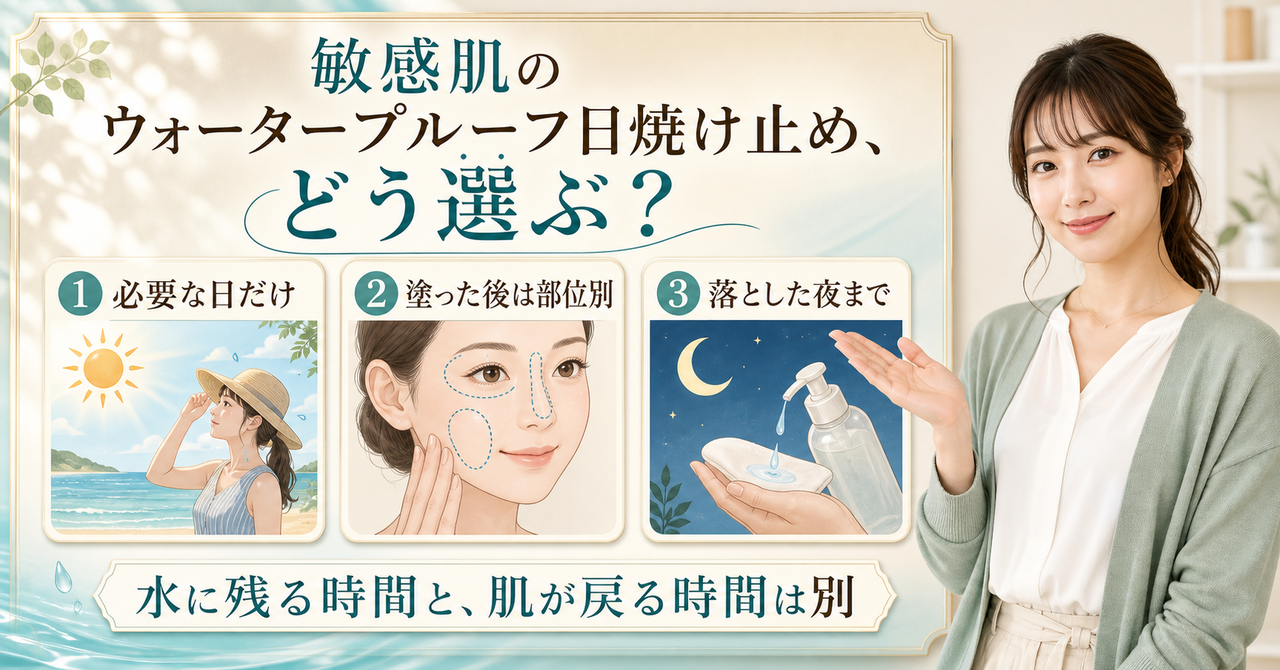 敏感肌がウォータープルーフ日焼け止めを使う場面と落とし方を示すアイキャッチ