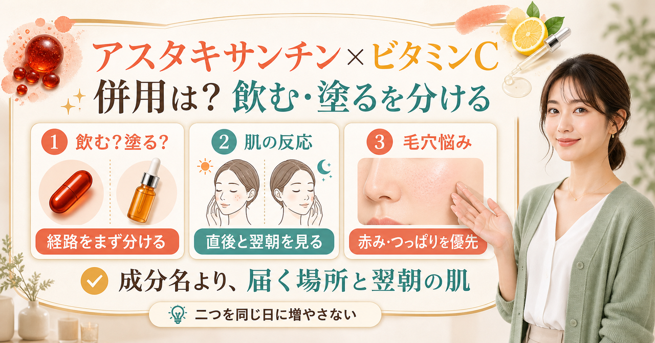 アスタキサンチンとビタミンCを併用する考え方を示すアイキャッチ
