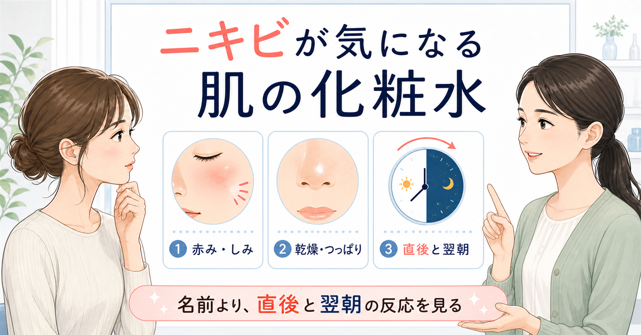 dプログラムの化粧水をニキビ肌で使う見方を示すアイキャッチ