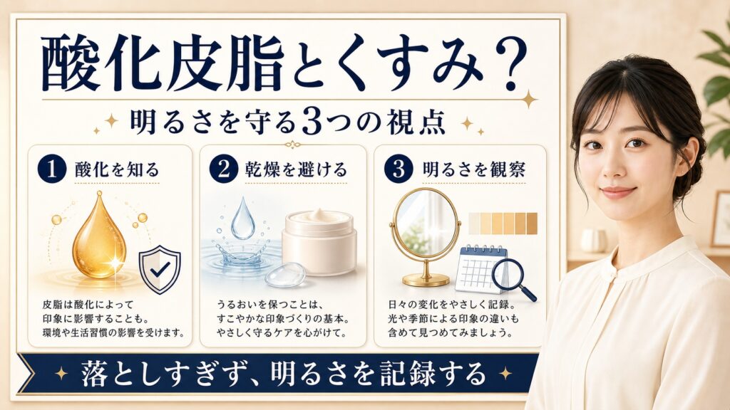 酸化皮脂とくすみの関係を酸化・乾燥・明るさの3視点で整理するアイキャッチ