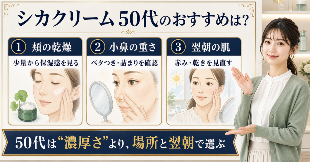 シカクリームを50代が頬・小鼻・翌朝で選ぶ基準を示すアイキャッチ