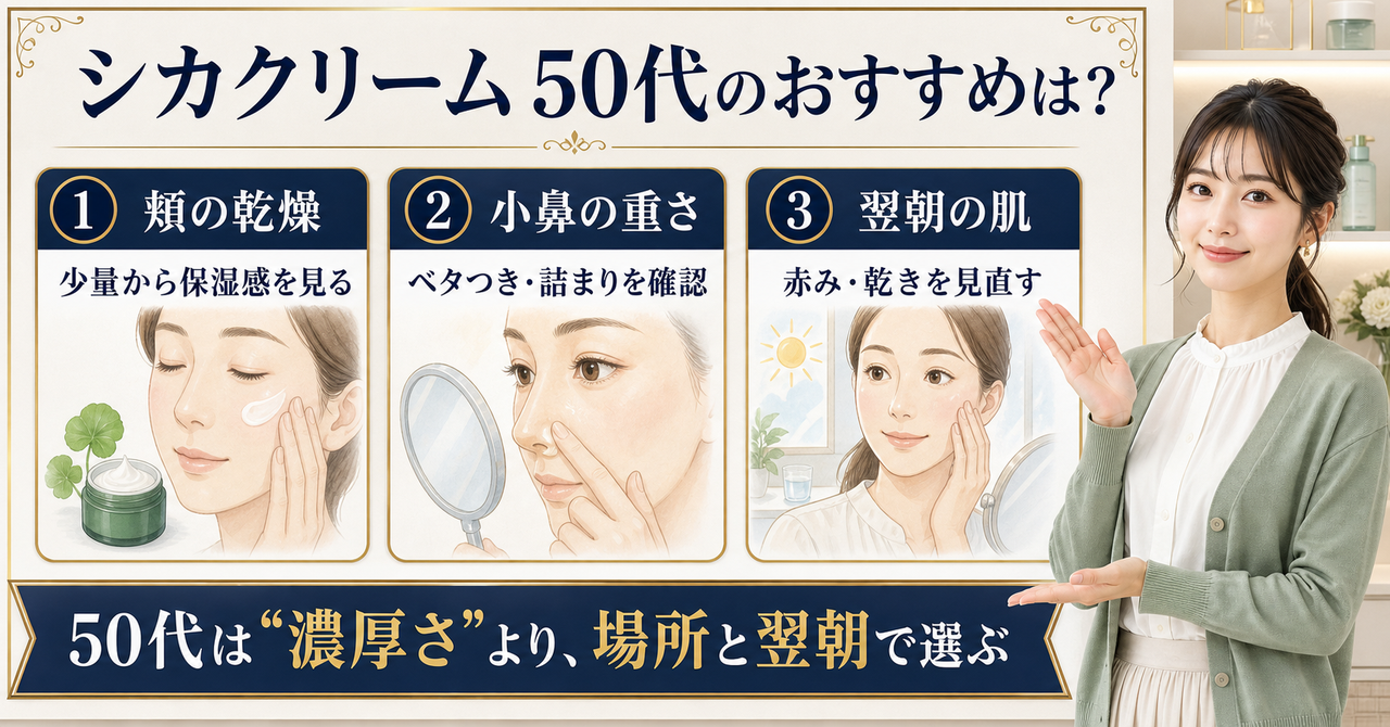 シカクリームを50代が頬・小鼻・翌朝で選ぶ基準を示すアイキャッチ