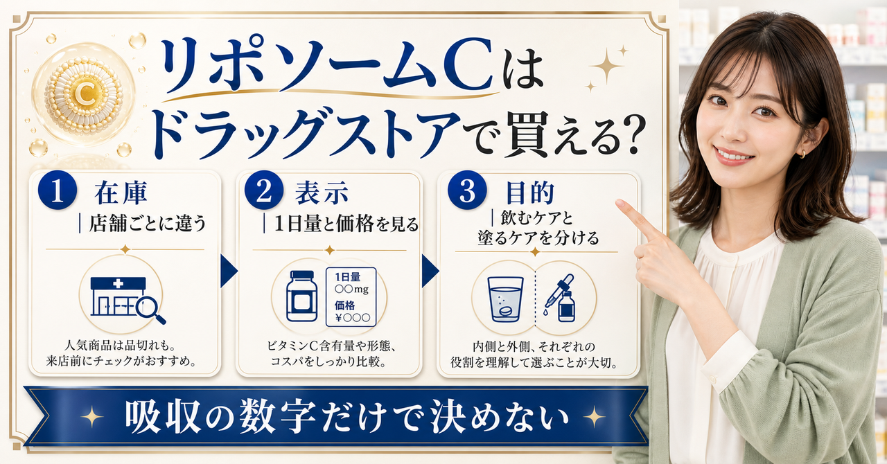 ドラッグストアでリポソームビタミンCを選ぶ基準を示すアイキャッチ