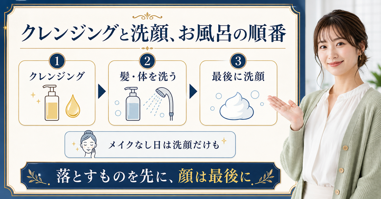 クレンジング、洗顔、お風呂の順番を判断するアイキャッチ