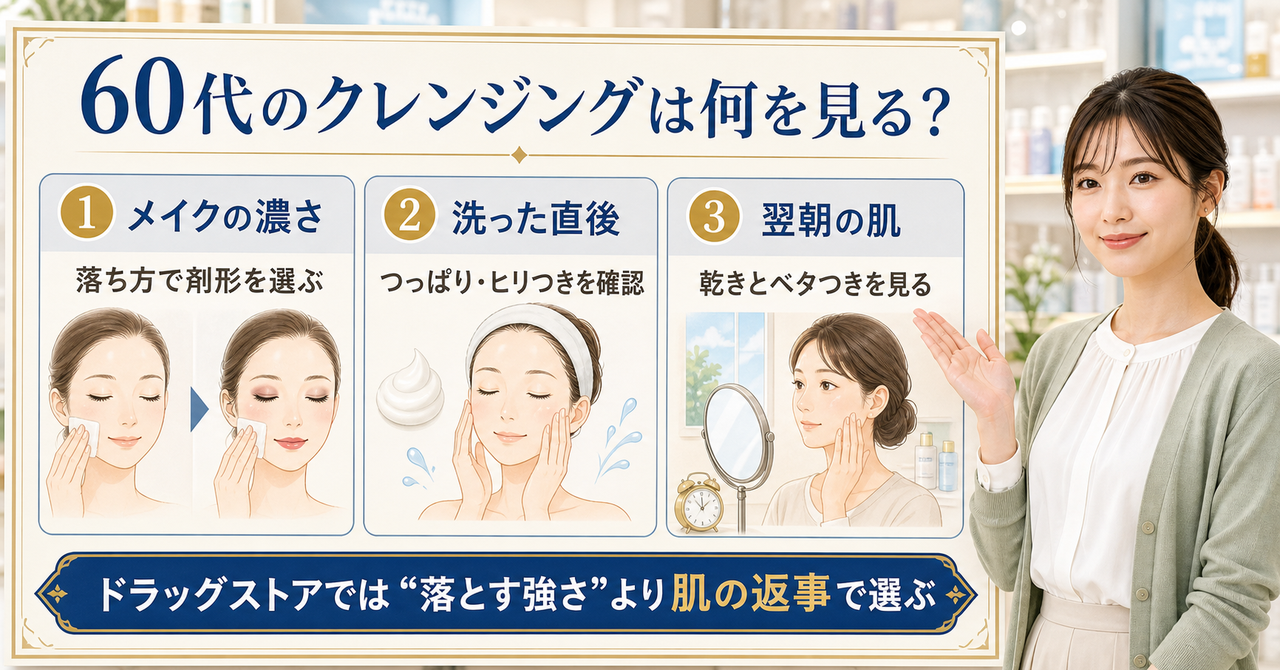 60代のクレンジングをメイクの濃さ・直後・翌朝で選ぶ基準を示すアイキャッチ