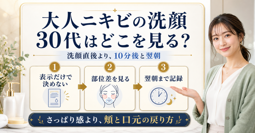30代の大人ニキビの洗顔で、部位と洗顔後の肌を観察する判断を示す図解