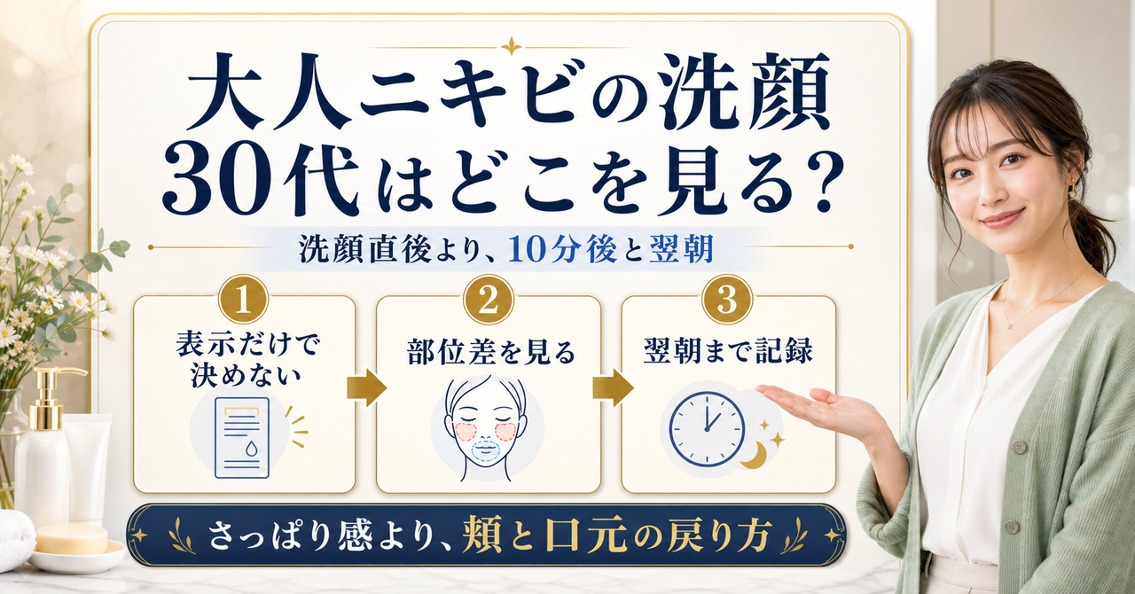 30代の大人ニキビの洗顔で、部位と洗顔後の肌を観察する判断を示す図解