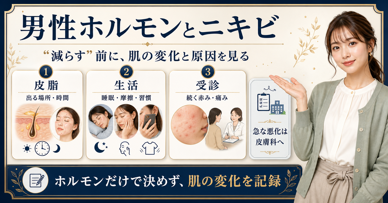 男性ホルモンとニキビについて皮脂・生活・受診の判断を示すビューティーボード