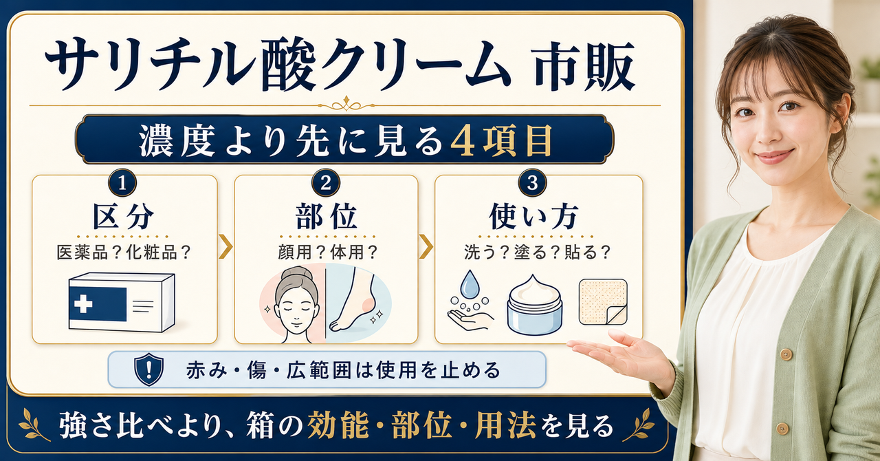 サリチル酸クリームの市販品を選ぶ判断軸を示すアイキャッチ