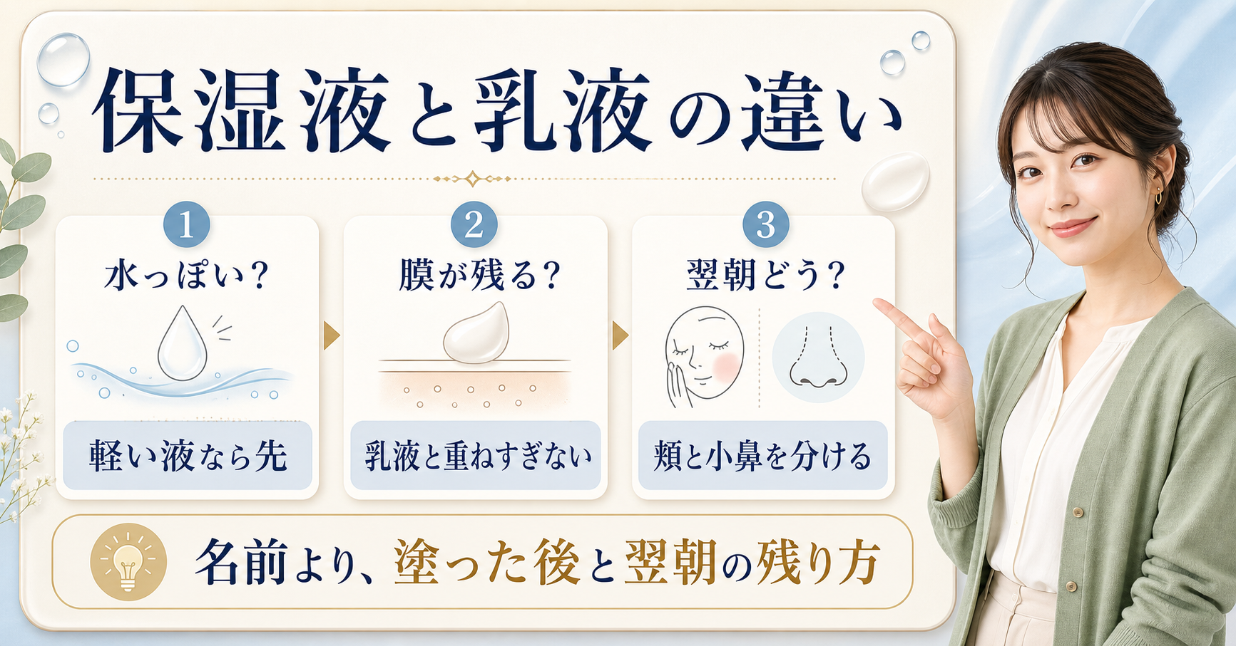 保湿液と乳液の違いを示すアイキャッチ