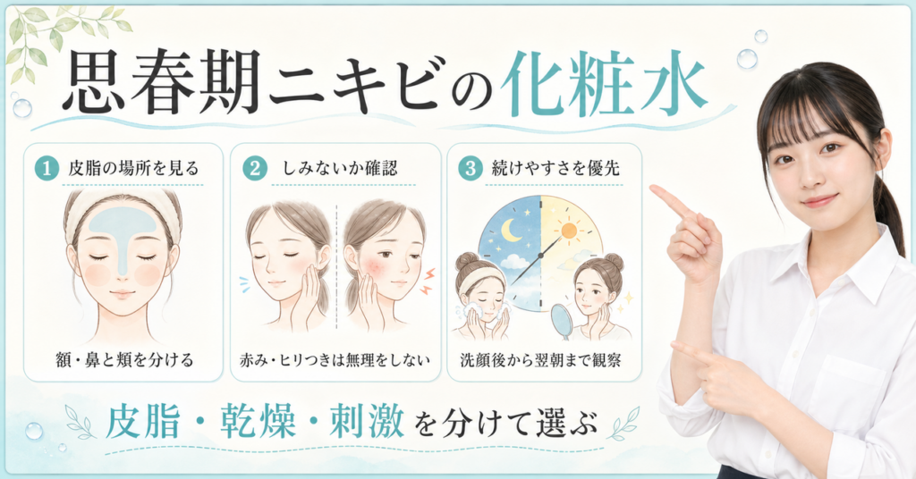 思春期ニキビの化粧水選びを皮脂・乾燥・刺激で考えるアイキャッチ