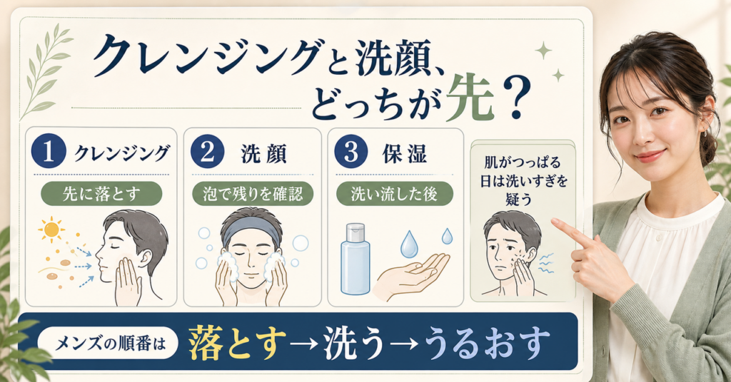 メンズのクレンジングと洗顔の順番を考えるアイキャッチ