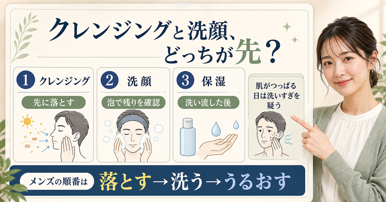 メンズのクレンジングと洗顔の順番を考えるアイキャッチ