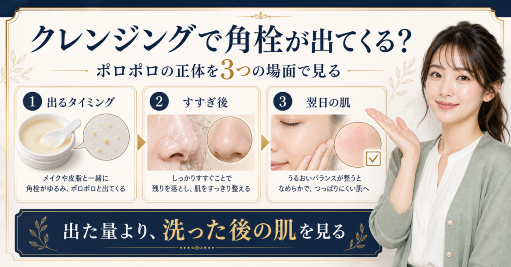クレンジング中に角栓のような粒が出てくるときの判断を考えるアイキャッチ