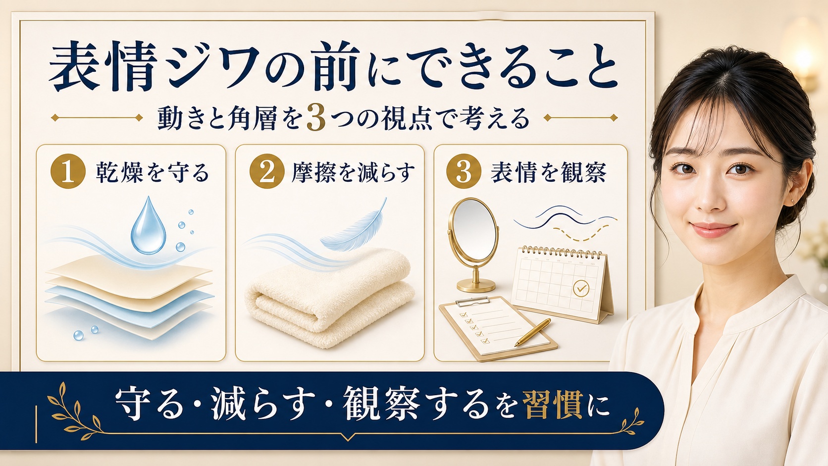表情ジワと角層構造を乾燥・摩擦・観察の3視点で考えるアイキャッチ