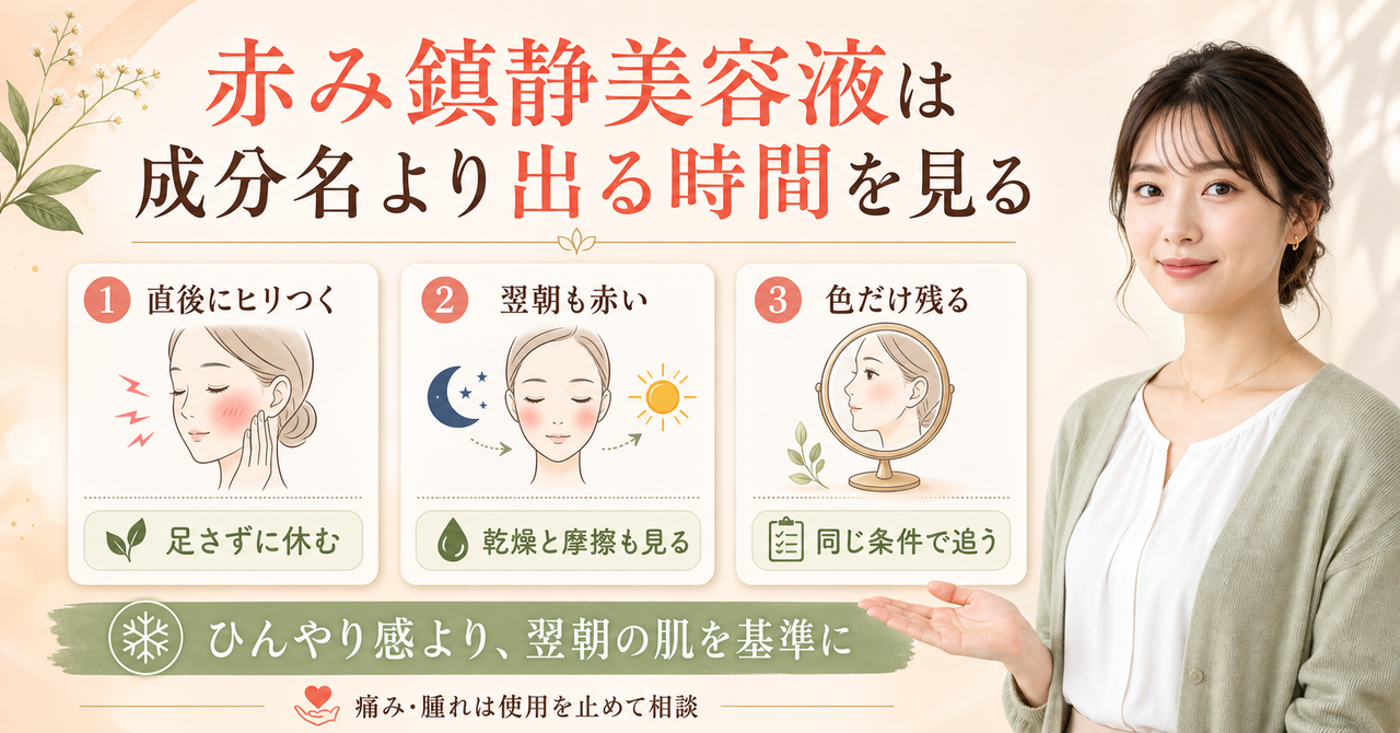 赤みを落ち着かせたいときの美容液選びを考えるアイキャッチ