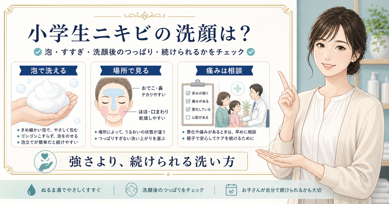 小学生のニキビが気になるときの洗顔選びを考えるアイキャッチ