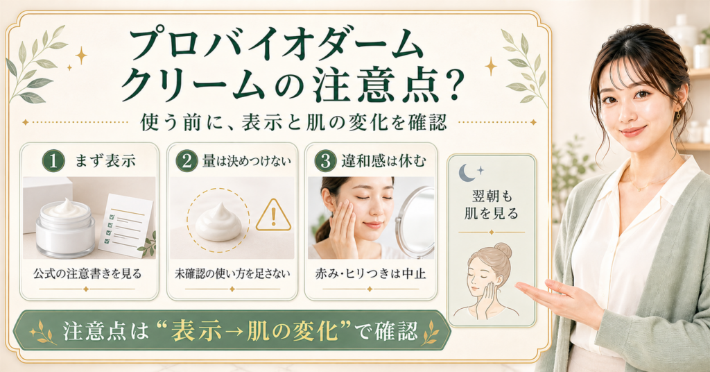 プロバイオダームのクリームの注意点を表示確認・肌の変化・中止判断で示す図解