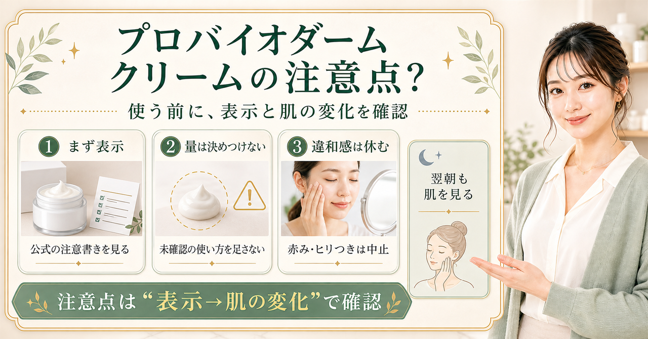 プロバイオダームのクリームの注意点を表示確認・肌の変化・中止判断で示す図解