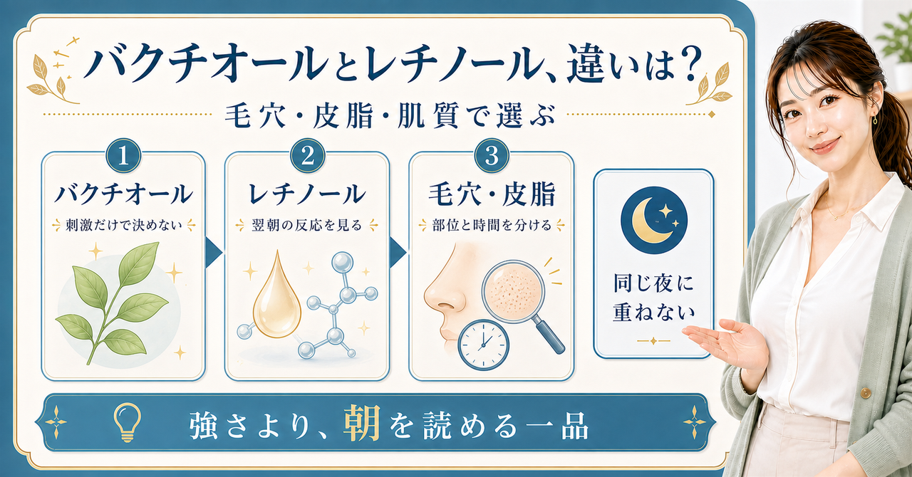 バクチオールとレチノールを毛穴や乾燥で選び分けるアイキャッチ