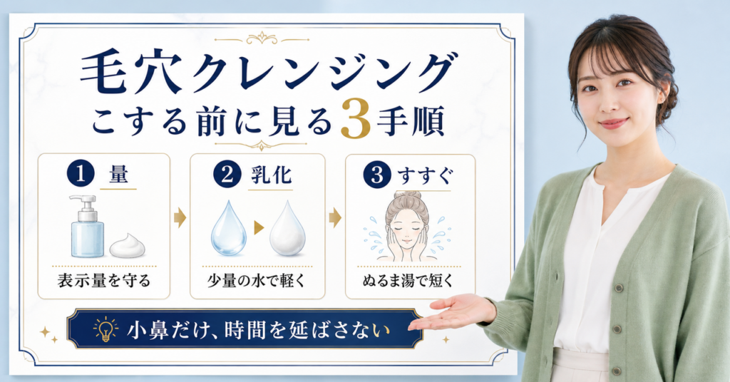 クレンジングで毛穴汚れを落とす順番と乳化を示す図解