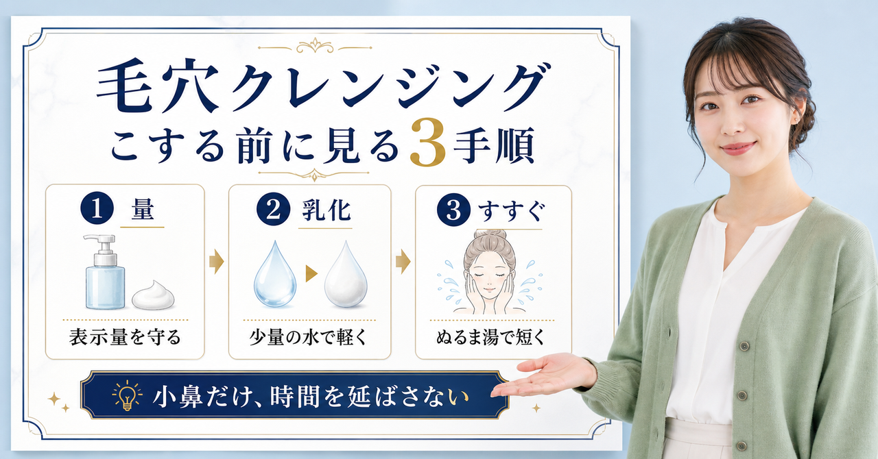 クレンジングで毛穴汚れを落とす順番と乳化を示す図解