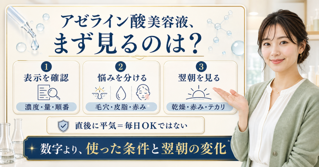 メディキューブのアゼライン酸美容液を表示・濃度・翌朝の肌で見る図解