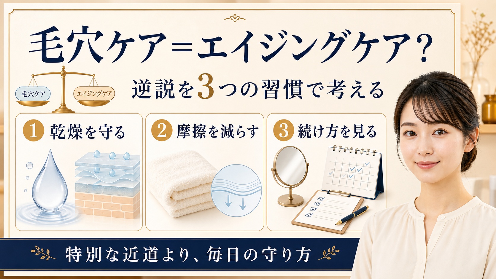 毛穴ケアとエイジングケアの共通習慣を乾燥・摩擦・継続で整理するアイキャッチ