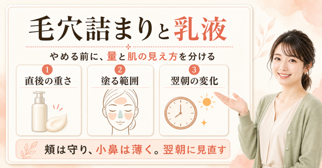 毛穴詰まりが気になる時の乳液の量と塗る範囲を示す図解