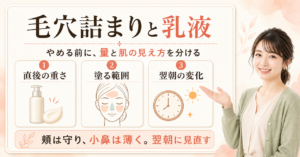 毛穴詰まりが気になる時の乳液の量と塗る範囲を示す図解