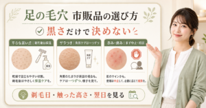 足の毛穴を消す市販品の選び方を黒い点、ザラつき、赤みで分けて示す図