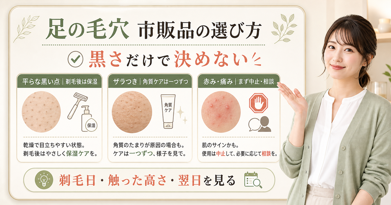 足の毛穴を消す市販品の選び方を黒い点、ザラつき、赤みで分けて示す図