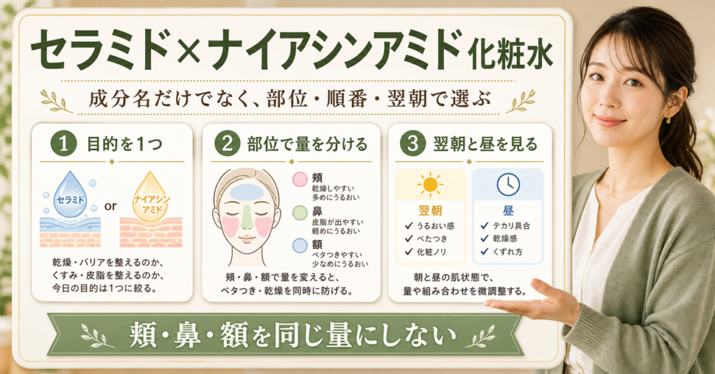 セラミド ナイアシンアミド 化粧水はどう考える？毛穴・皮脂・肌質の視点で整理????????